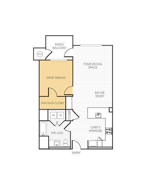 Floor plan for 1 bed, 1 bath, 846 sqft